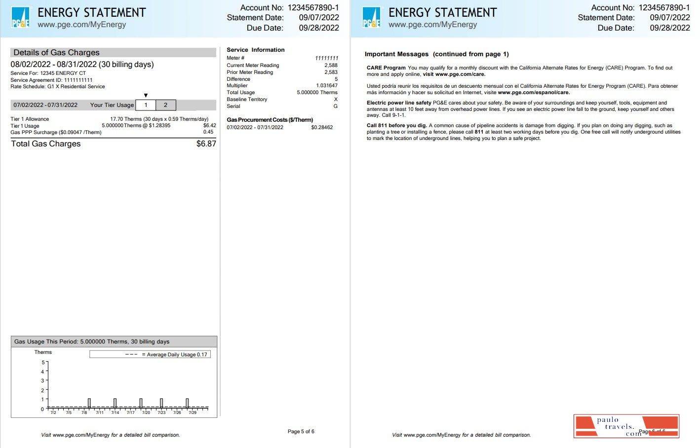 USA California PG&E (Pacific Gas and Electric Company) utility bill, Word and PDF template, 6 pages 5 6